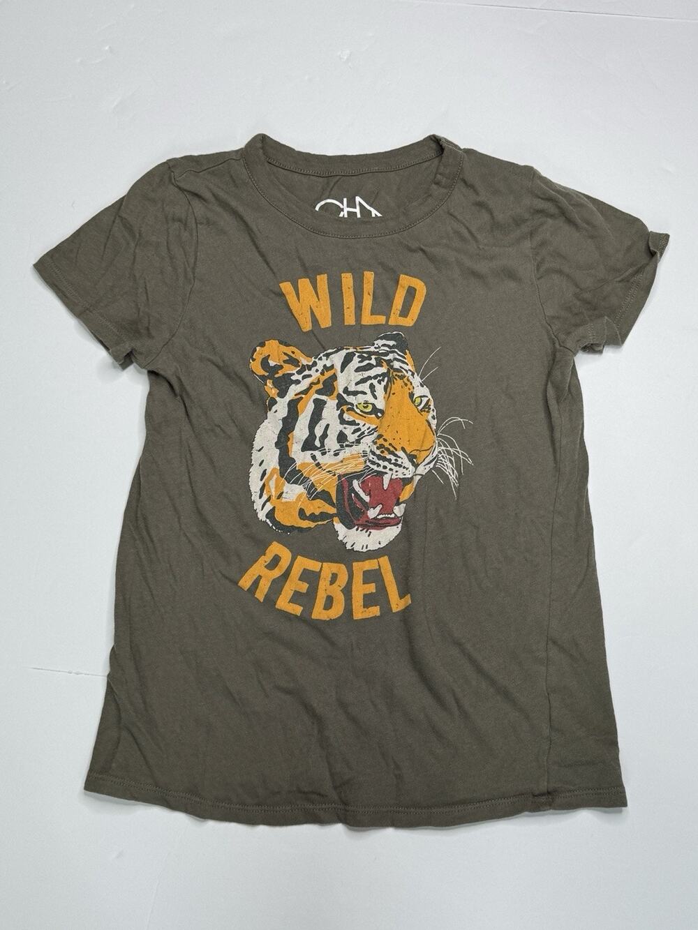 Chaser Wild Rebel Tiger Graphic T-Shirt Womens M Olive Green Distressed